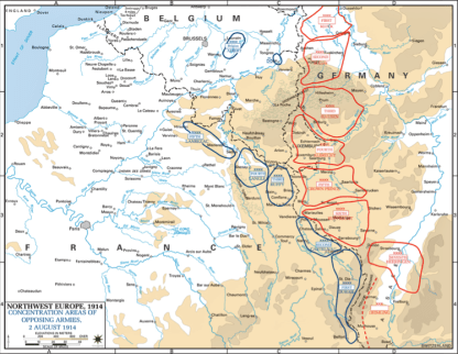 Deployment of German and French Armies - August 1914.  Secret Brtiish and French Staff Plans for the BEF to join the left wing of the French Army.