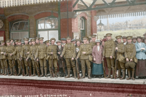Men of the Hertfordshire Regimnet mobilise.  Delightful photo that has colour added.